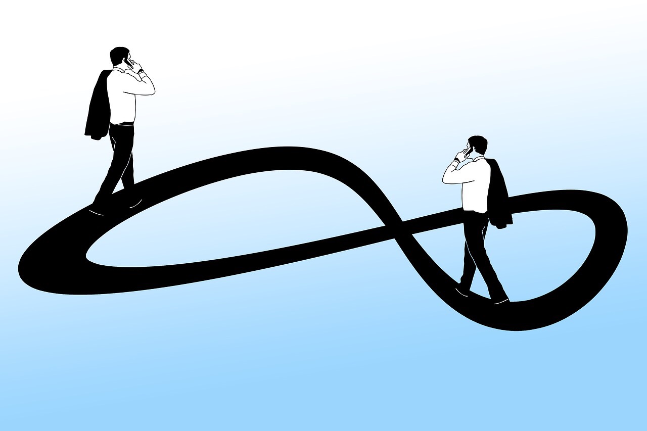 A man walking on an infinity symbol creates a metaphor for procrastination.