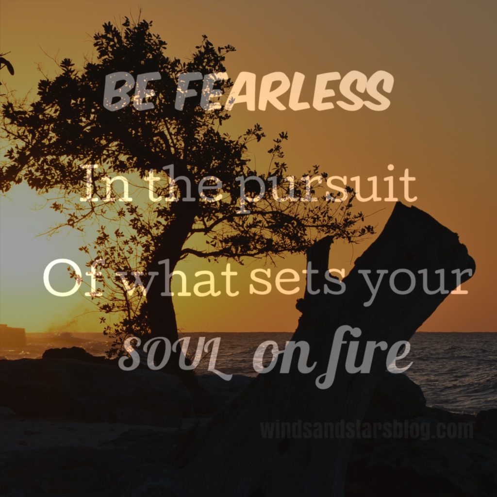 The quote "Be fearless in the pursuit of what sets your soul on fire" is on a picture of the sun setting over the the ocean in the Bahamas.  There's a silhouette of a tree and a stump again the yellow/orange sky. 